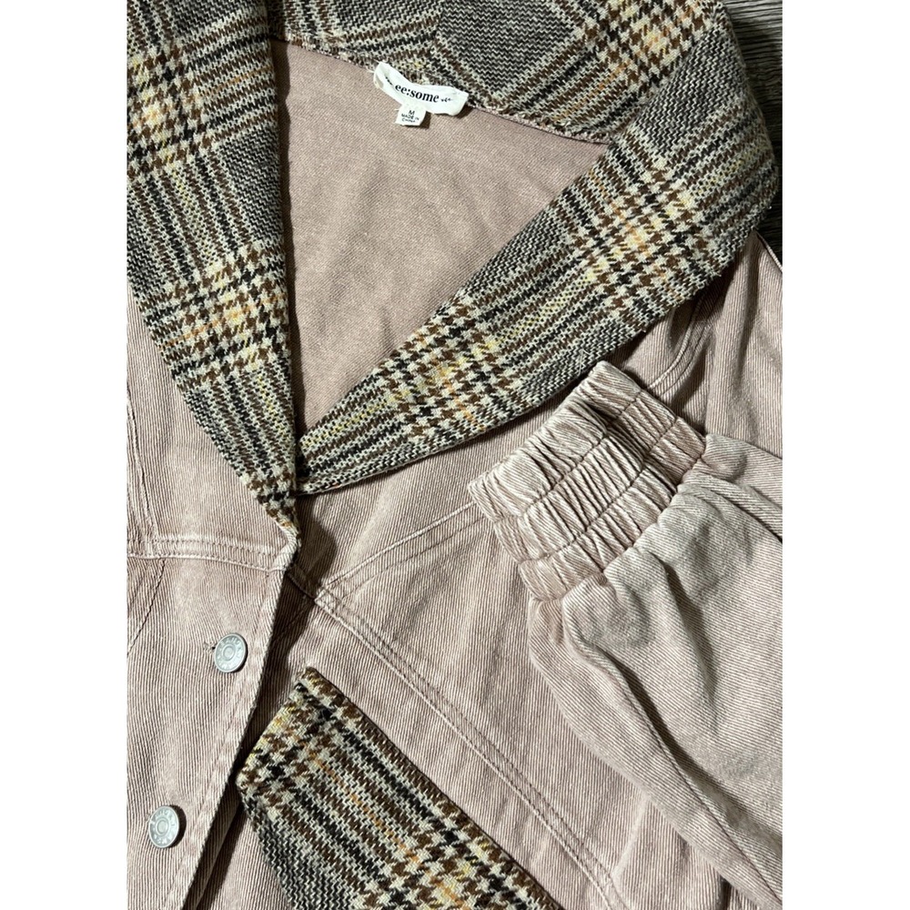 ee: some Women's Dusty Rose Plaid Trim Button Down‎ Denim Jacket Size Medium